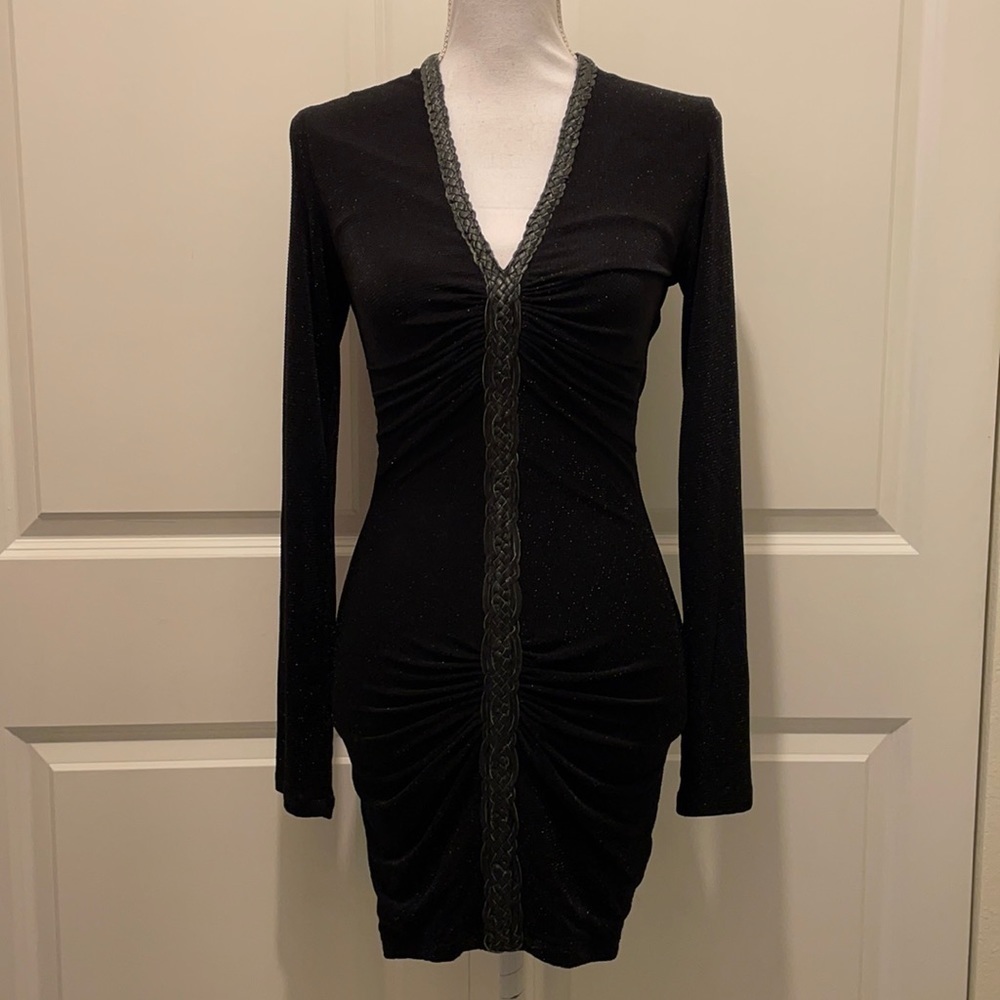 Sky Long Sleeve V-Neck Dress with Braided Leather Detail & Ruching